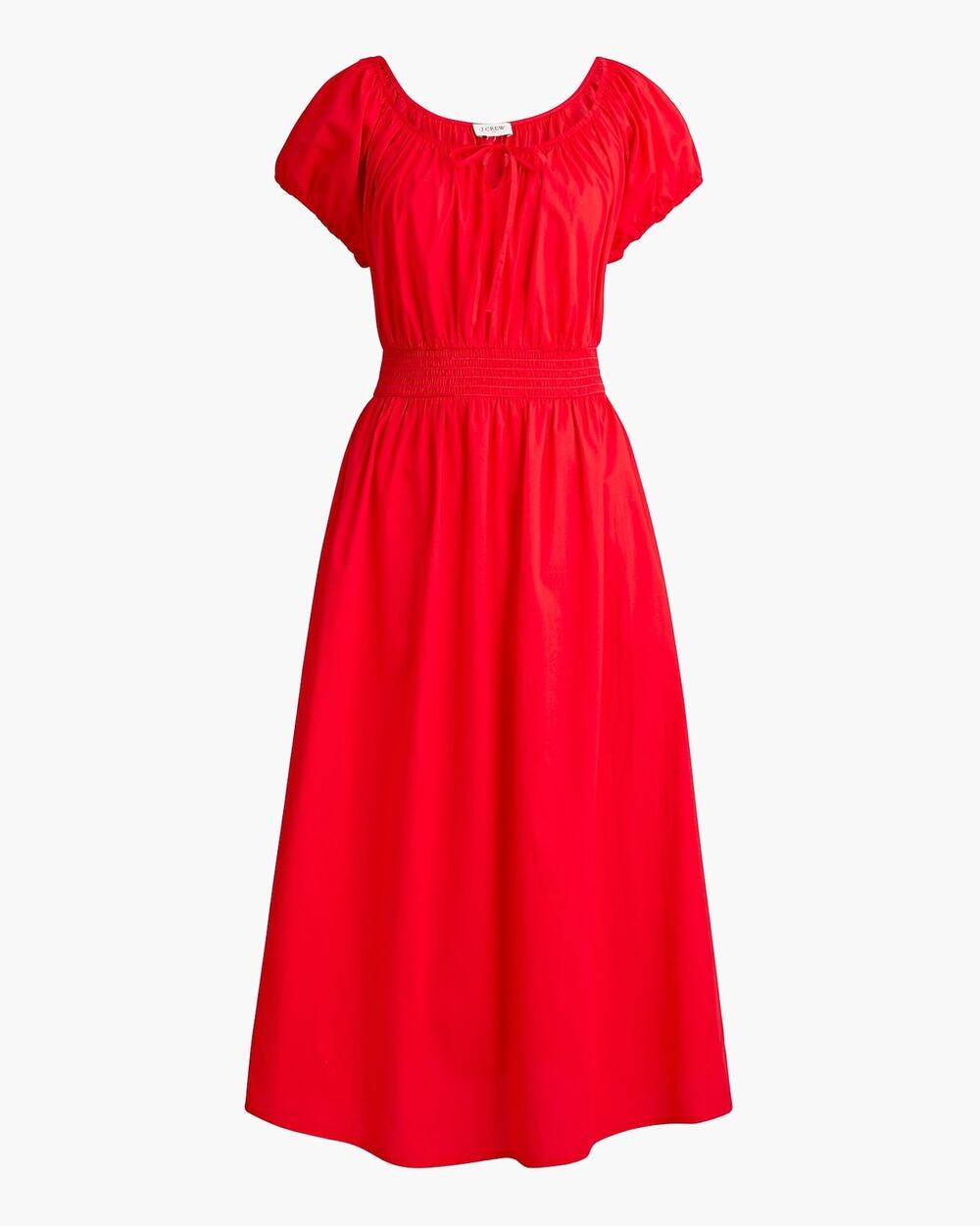 NWT J. Crew Sz LP Smocked Waist Midi Dress Bright Red Peasant Puff Sleeve Cotton